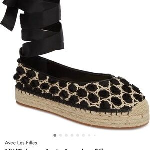 Avec Les Filles Black and Cream Lace-Up Espadrilles floral detail size 8 summer